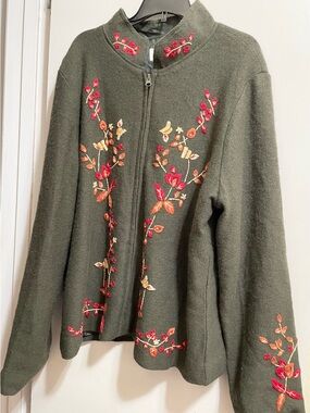 Victor Costa Wool Blend Sweater Floral Embroidered, Full Zip, Lined Women’s Sz L
